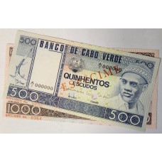 CABO VERDE 1977 . FIVE HUNDRED 500 and ONE THOUSAND 1,000 ESCUDOS BANKNOTES . SPECIMEN
